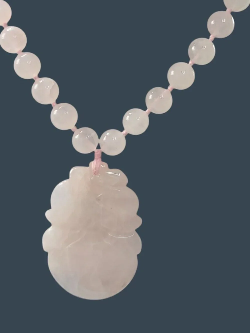 Chinese Rose Quartz Hand Knotted Mala Lotus Design Necklace 28